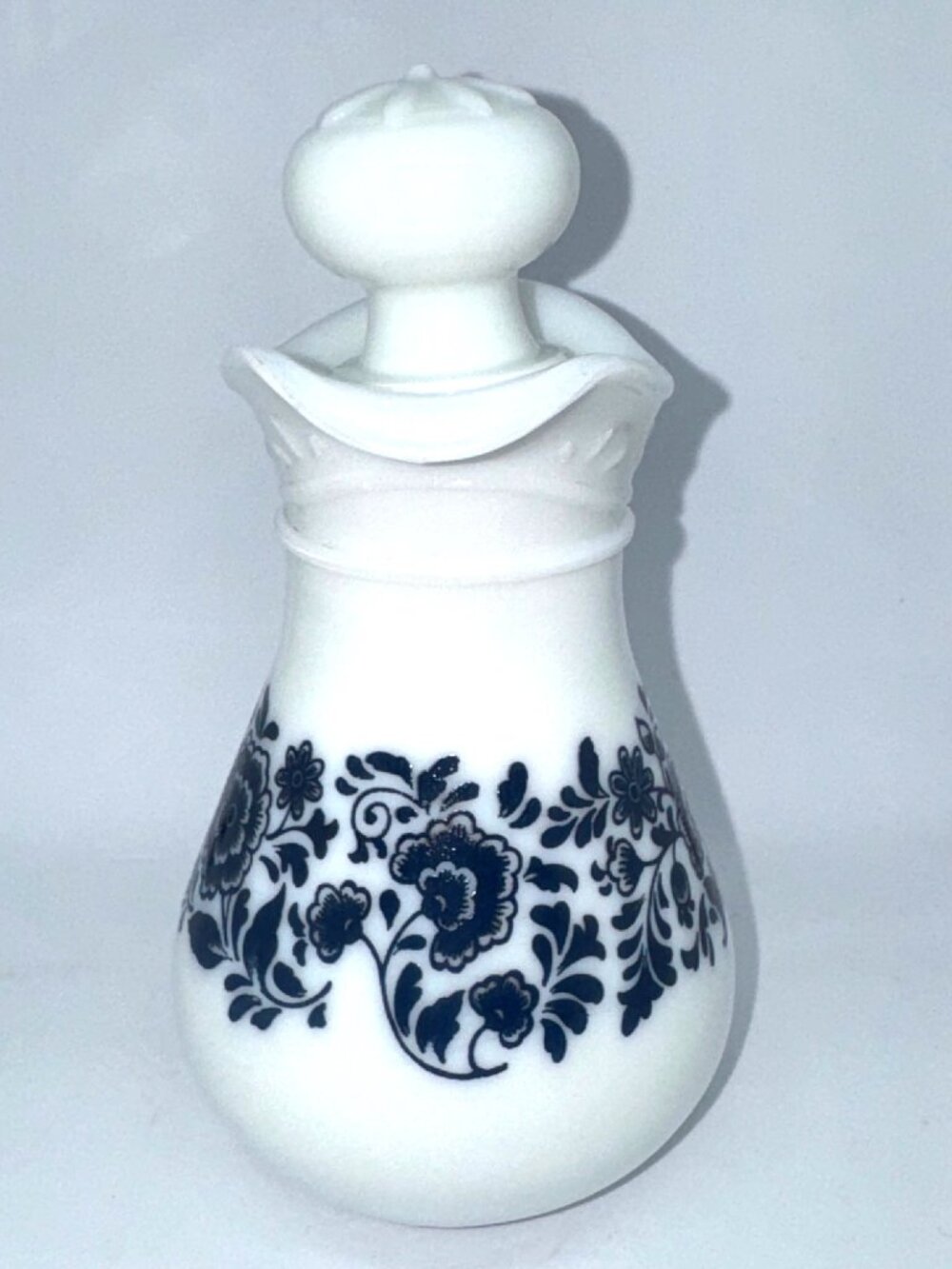 Vintage 1970s Avon Milk Glass Pitcher with Stopper with Deft Blue Floral Pattern - Picture 1 of 8